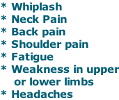 * Whiplash * Neck Pain * Back pain * Shoulder pain * Fatigue * Weakness in upper     or lower limbs * Headaches